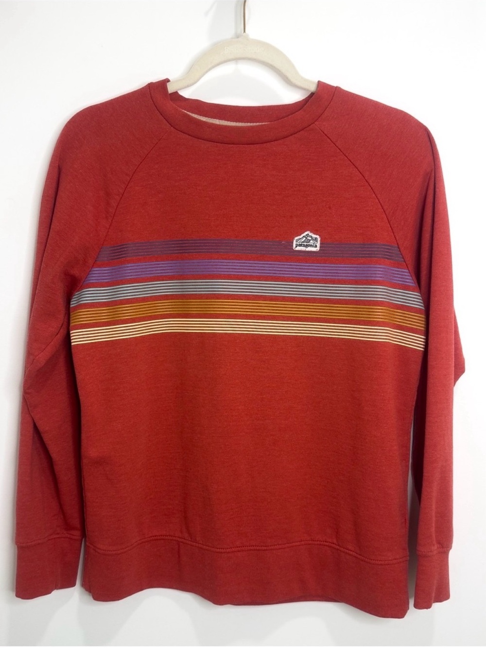 Patagonia Kids XL Organic Cotton Rainbow Stripe Crewneck Sweatshirt Red Raglan